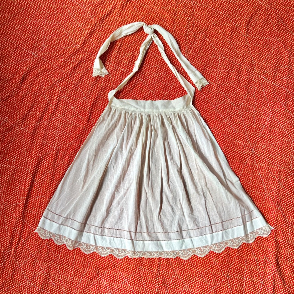 Vintage antique 1800s 1900s White Cotton Lace Trim Halter Apron